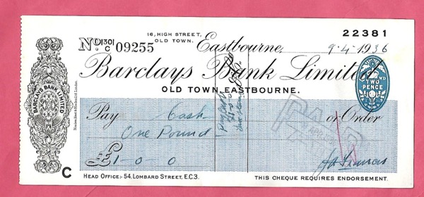 Използван чек на Barclays от 1936 — Old Town, Eastbourne